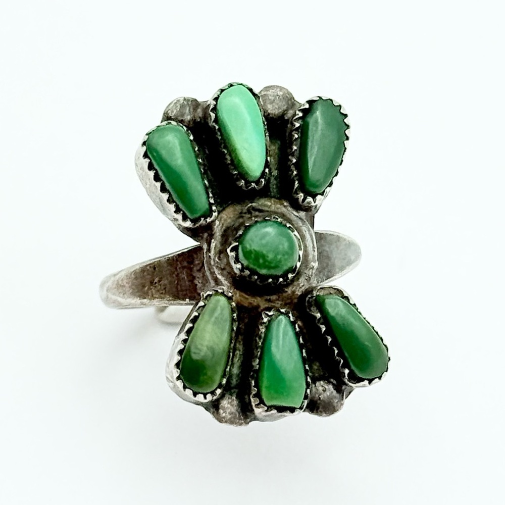 Vintage Zuni Green Turquoise Sterling Silver Cluster Ring - Native American